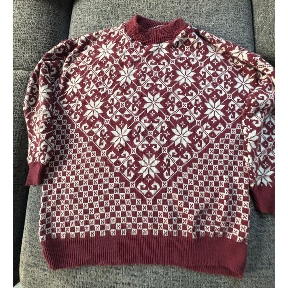 Vintage American Pride Burgundy Snowflake Fair Isle Sweater Womens 20W Made‎ USA